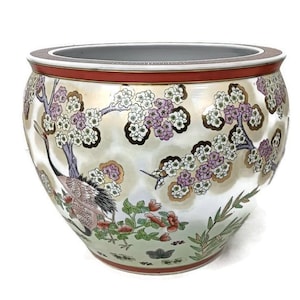 Vintage Chinese Porcelain Koi Fish Bowl Planter Vase Cachepot Flower Pot  Gorgous