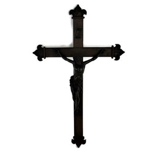 Grand crucifix d'église suspendu en chêne français Croix Jésus Christ Bronze Superbe Art Corpus 34,44"