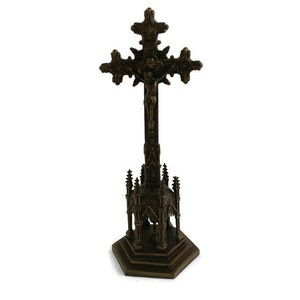 Ornate Spelter Faux Brass Chalice Standing Crucifix Towers Cross Chalice Very Special WOW