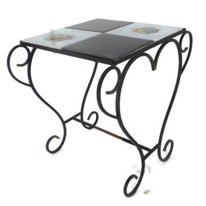 Vintage Small Side Table Plant stand Ceramic tiles Checkered pattern Wrought Iron Funky Nordic Modernist