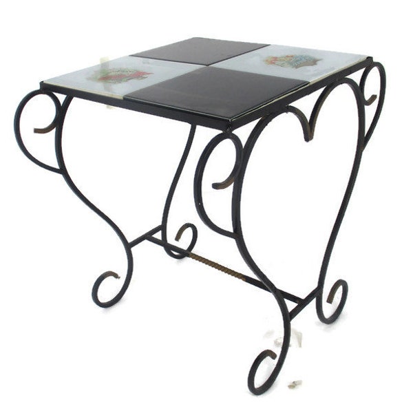 Petite table d'appoint vintage Support pour plante Carreaux de céramique Motif à carreaux Fer forgé Funky Nordic Modernist