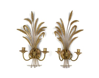 pair of Metal Plaster Hollywood regency wall sconces double candle holders Sheats of wheat