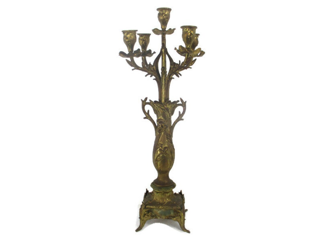 Antique Brass Doré Ornate Candle Holder Stick Candelabra 5 Arm
