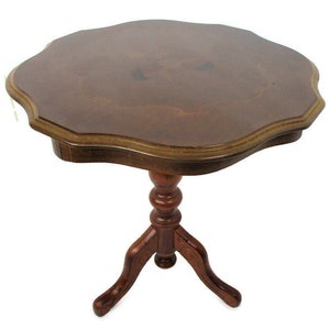 Italian Hand Carved Wood Coffee Wine Side Table Inlay Marquetry Tripod Pedestal Gorgeous Vintage