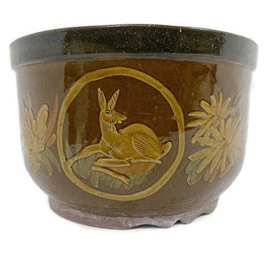 XL Planter Cache Pot French Pottery Faience Hunter Scenes Deer Bird Gorgeous
