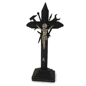 Tramp Trench Tramp Folk art Standing Hand Carved Wooden Crucifix  Antique Faux Brass Corpus