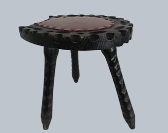 Spanish brutalist wooden chair milking stool , tripod, horseshoe shape, leather upholstery, mid-century