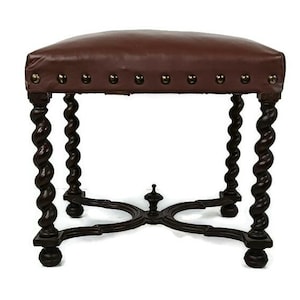 Antique Footstool Ottoman Barley twist Wood Foot Rest 20th century hobnails gorgeous large