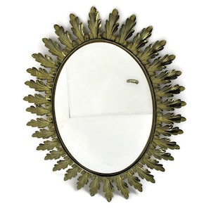 Mid Century Modern Large Ornate Oval Wall Hanging Mirror De Knudt Brass Leafs