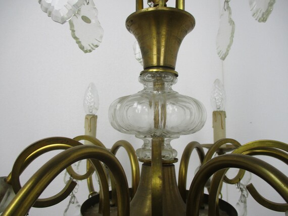 Vintage French Mid Century Brass Crystal Prisms Chandelier 5 Arm