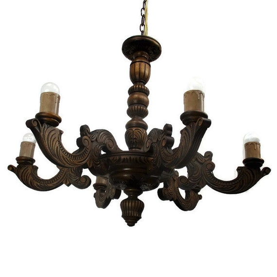 Vintage Ornate Hand Carved Wood Chandelier 6 Lights Arms