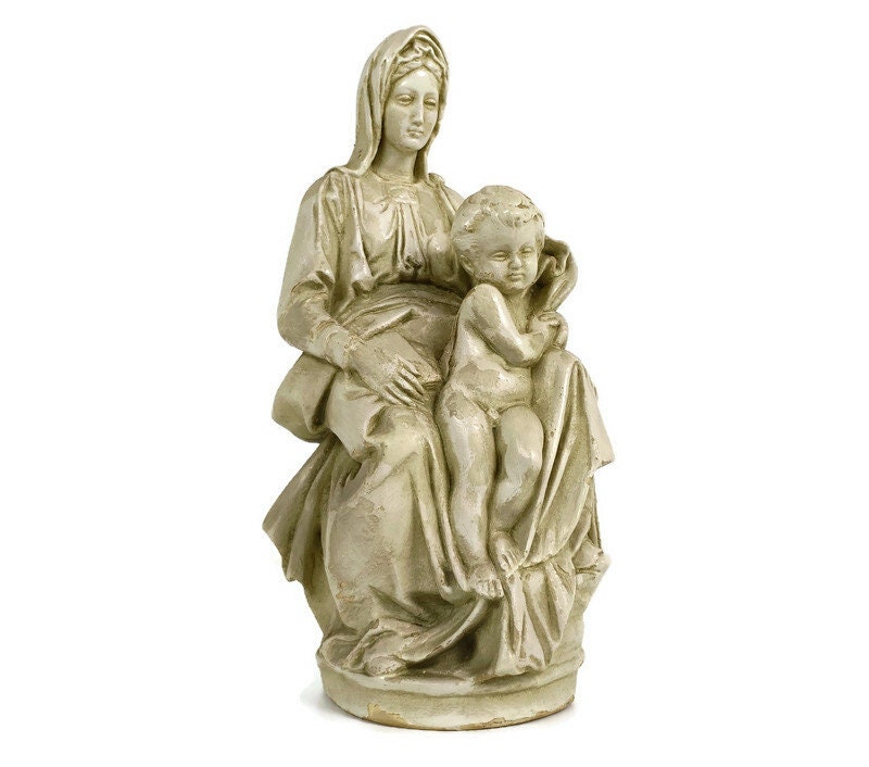 Statua Siedząca Matka Boska Dziewica Maryja Dzieciątko Sedes Sapientiae Tynk Vintage piękny
