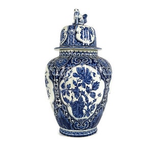 Large Vase Urn Lidded   Foo Dog Blue white, Delft marked Royal Sphinx Maastricht Vintage