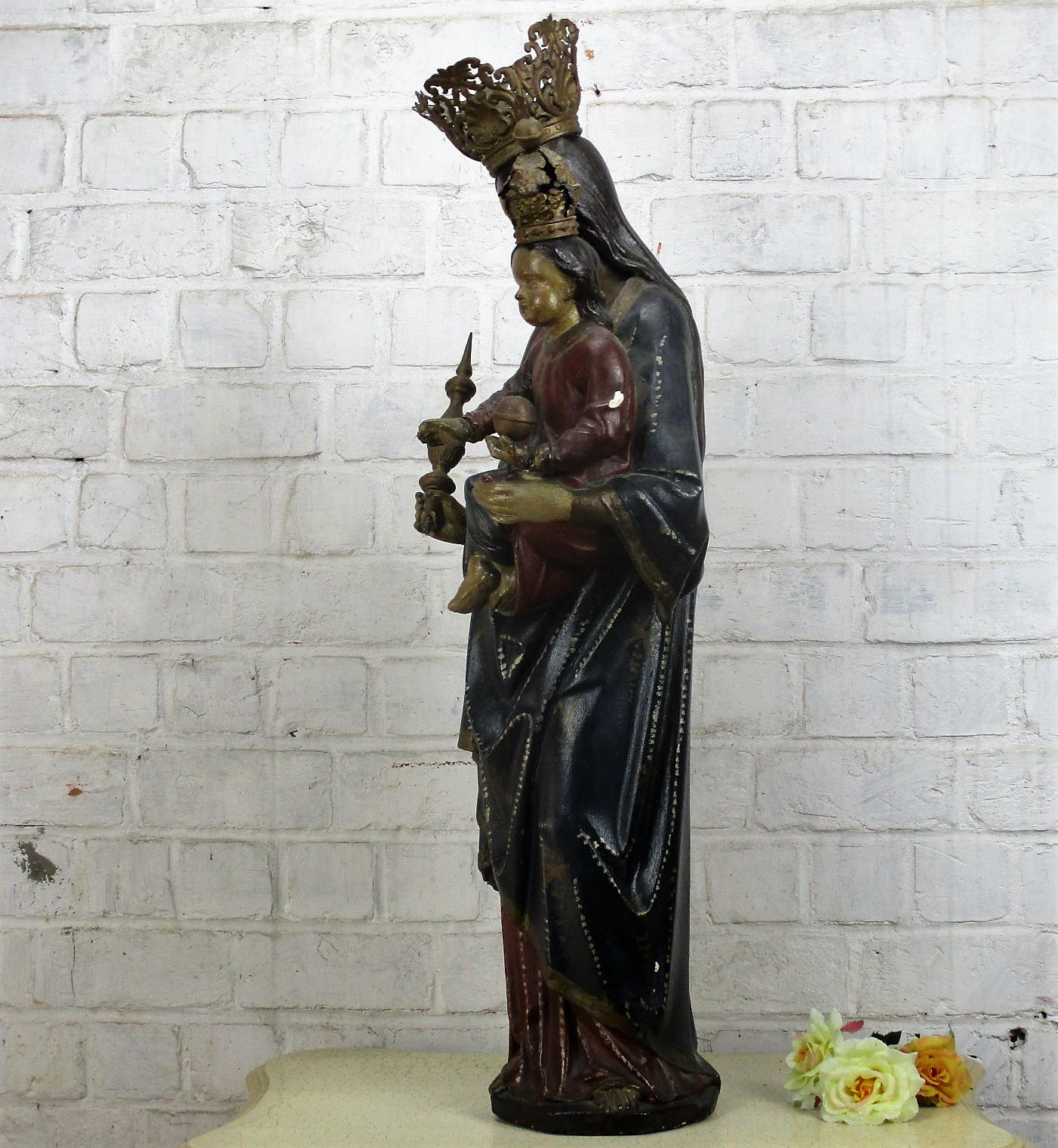 Antique Polychrome Madonna Infant Child Statue Church Plaster Collector ...