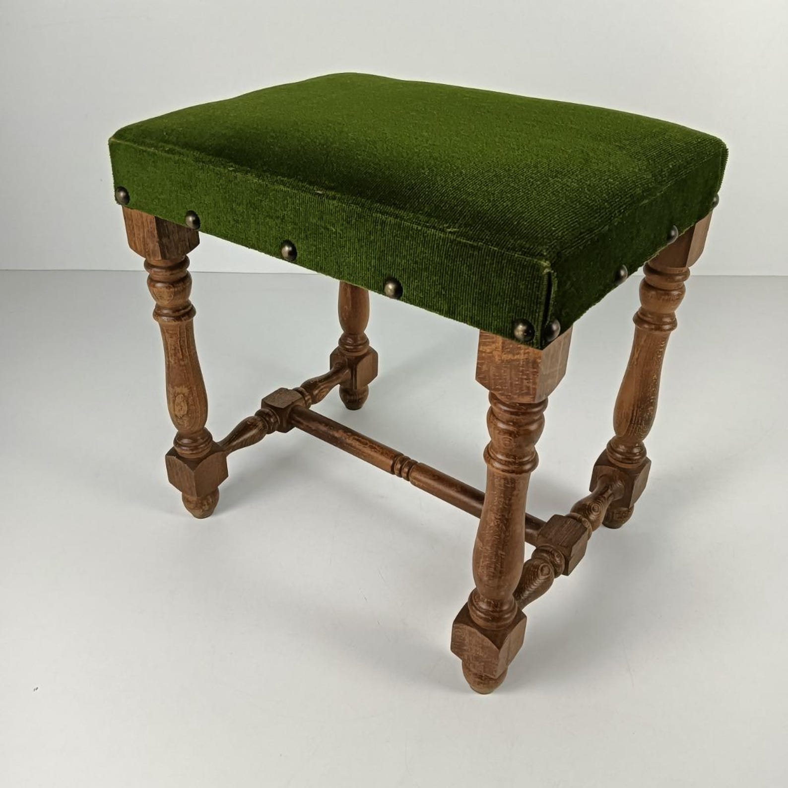 Vintage Foot Stool Ottoman Footstool Wood Green Velvet Fabric Hobnails ...