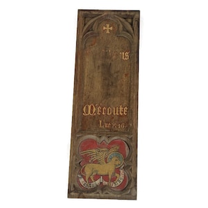 Lamb Of God Hand Painted Gorgeous Antique Hand Carved Wooden Gothic Panel Pediment