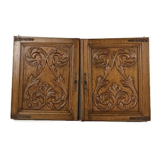 Pair wooden Door Panels antique carved wood reclaimed architectural salvaged brass trims