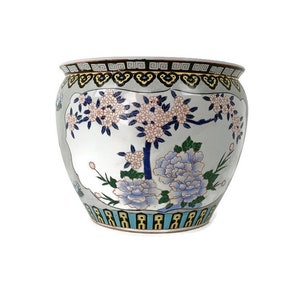 Chinese Porcelain Enamel  Koi Fish Bowl Planter Vase Birds Flowers Vintage Cachepot  12&quot;