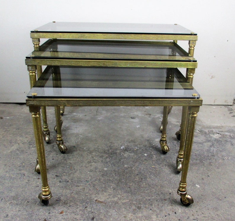 Vintage Nesting Coffee Side Tables Brass Glass Bar Cart Wheels Etsy