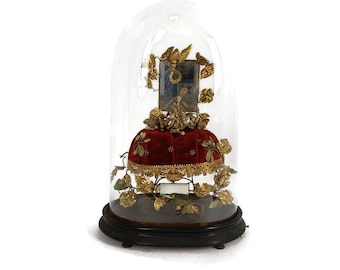 Antique Victorian French Bridal Wedding Dome Gold Gilt leaves Ormolu Birds 19th Century