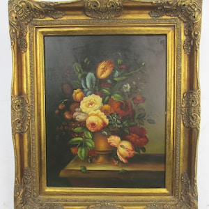Oil Painting on Wood Gorgeous Wooden Frame with Lamp Still life Flowers Vase