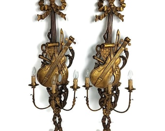 Large pair  wall sconces lamps Sheaf of Wheat antique wood musical instrument Hollywood regency