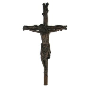 Exceptionnelle sculpture d'art en crucifix suspendu en bois sculpté à la main corpus en bois antique XXL 120 cm, croix de chapelle d'église