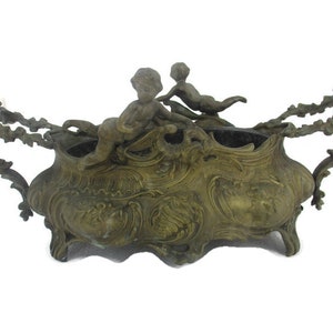 Art Nouveau French Planter Jardinière Ornate Embossed Centerpiece Brass Putti Cherubs