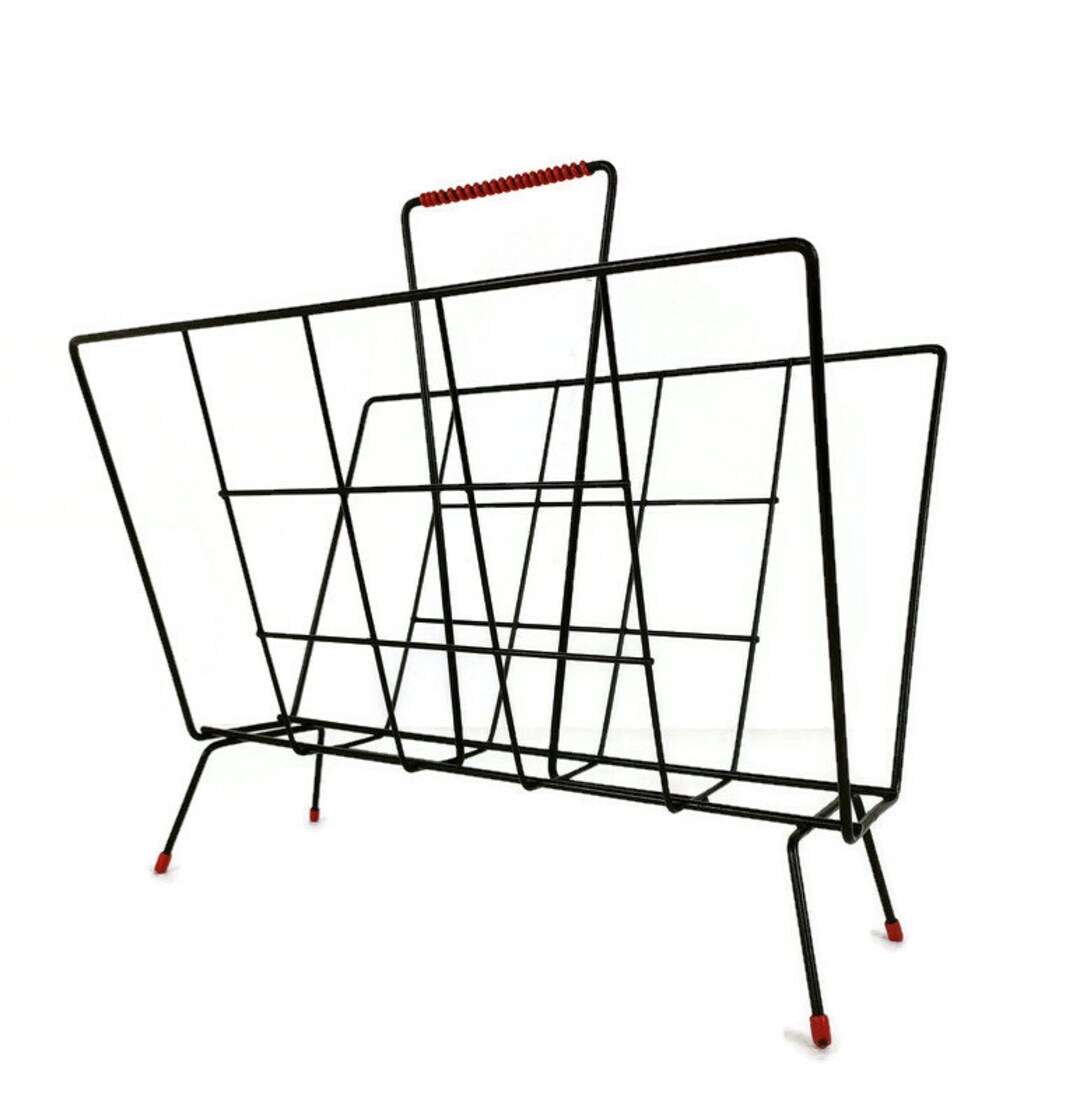 Vintage Mid Century Modern Magazine Newspaper Basket Rack Funky Wrought ...
