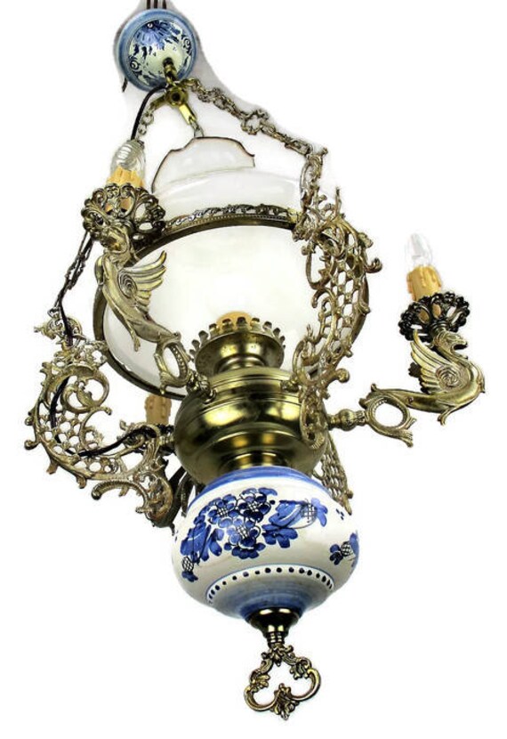 Gothic Dragon Delft Blue White Porcelain Chandelier Hanging