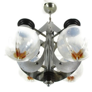 Design Mazzega Murano Chandelier 5 Lights Art Glass Chrome Space Age Italian