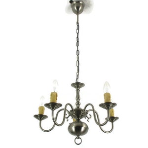 Vintage Chandelier 5 Lights  Brass Pewter Look Flemish Dutch Style MId Century