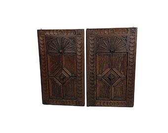 Antique Carved Wood Cabinet Doors with Lion Heads - Pair