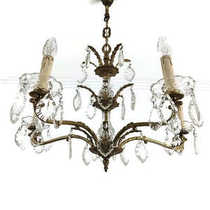 France Chandelier Bronze with Art Glass Prisms 6 lights Vintage Stylish