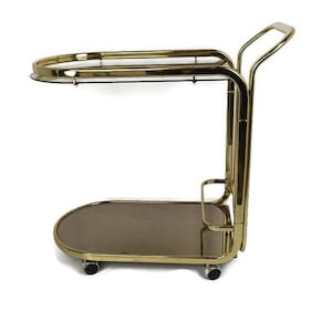 Bar Cocktail Theewagen Trolley Hollywood Regency Keukeneiland Messing Gerookt glas Jaren 70