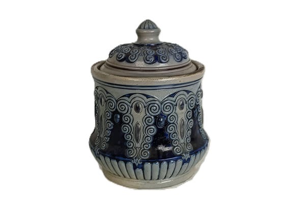Antique Tobacco Jar Container Stoneware 1900s Lidded Blue Westerwald