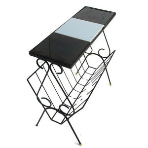 Side Table Magazine Newspaper Rack Wrought Iron Legs Ceramic Tiles Vintage Retro