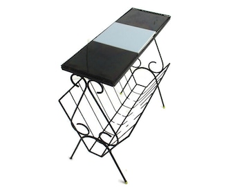 Side Table Magazine Newspaper Rack Wrought Iron Legs Ceramic Tiles Vintage Retro