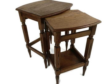 set of 2 nesting stacking tables, small, very special, carved wood, barn farmhouse style