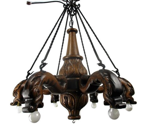 Gothic Hand Carved Wood Chandelier 6 Lights Arms Dragons