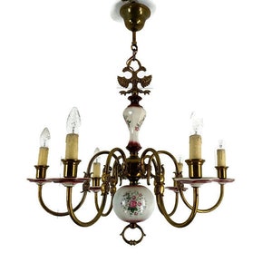 Flemish  Chandelier Style 6 Arm Lights Porcelain Flower Pattern Country  Barn Style Vintage