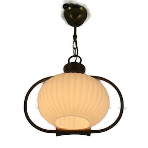 Danish Modern Chandelier Pendant Teak Brass Opaline Glass Louis Kalff Atomic