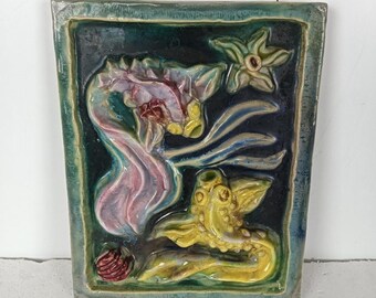 ヴィンテージ イタリア 壁掛け 陶器 魚 装飾 海の生物 多色 浅浮き彫り