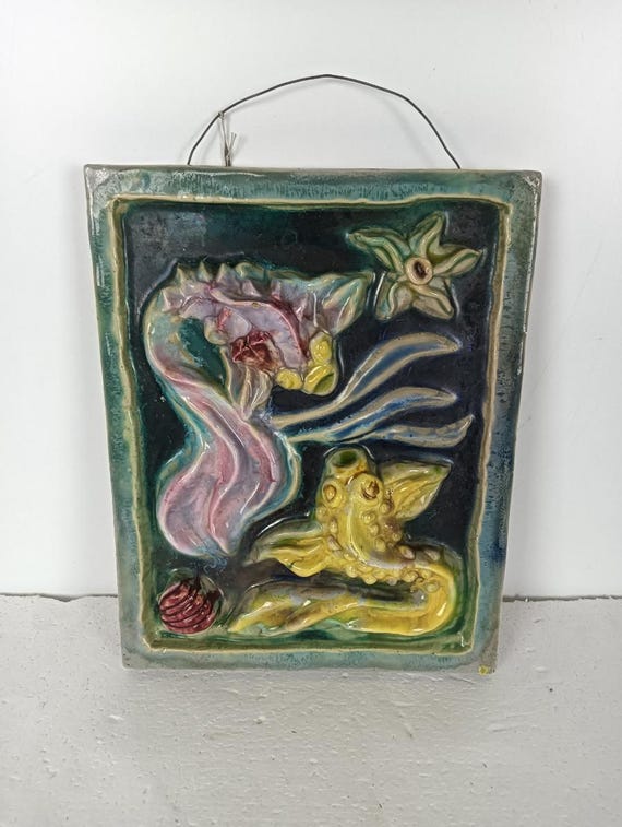 ヴィンテージ イタリア 壁掛け 陶器 魚 装飾 海の生物 多色 浅浮き彫り