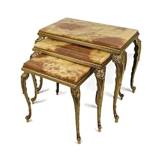 Stylish set of 3 nesting stacking tables Hollywood regency style onyx marble brass