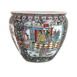 Huge Vintage Chinese Porcelain Enamel Famille Rose Koi Fish Bowl Planter Vase  Cachepot Flowers