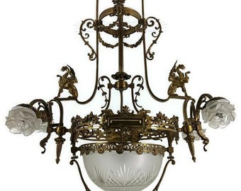 Art Nouveau Chandelier Bronze Doré Coat of Arms Dragons Huge  5 lights Stunning