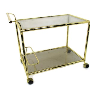 Bar Cocktail Tea Cart Trolley Hollywood Regency Kitchen Island Brass Bamboo Style Smoked  Glass