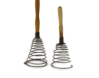 pair Vintage Egg beater Wire Wisk Wooden Handle Iron Spring Primitive