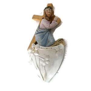 beautiful antique porcelain holy water font porcelain Jesus Carrying the Cross polychrome